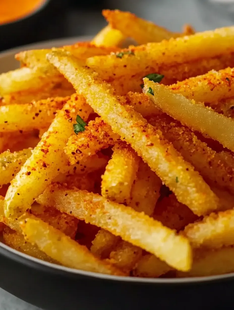 A plate of french fries with a sprinkle of paprika.