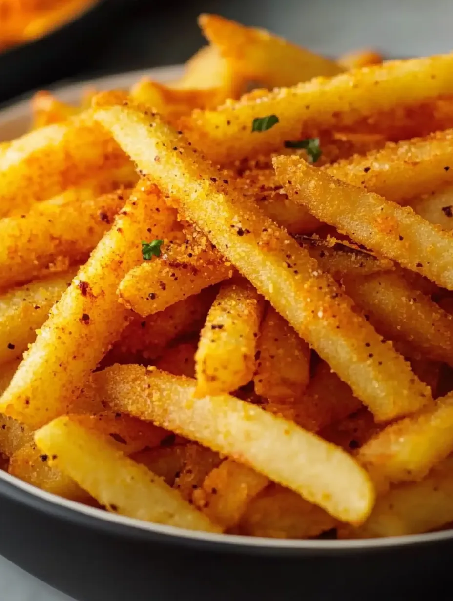 A plate of french fries with seasoning.