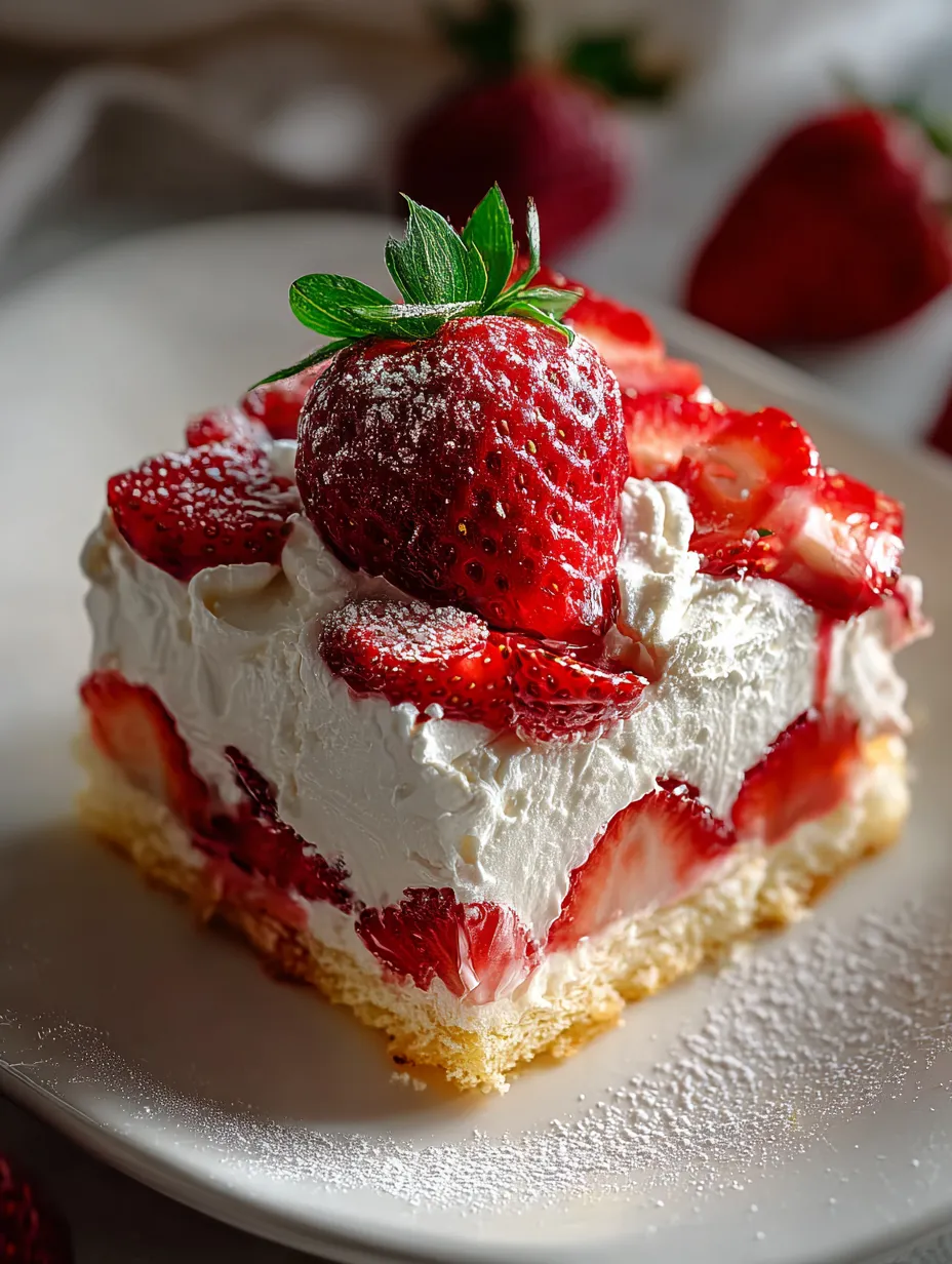 A slice of strawberry cheesecake with a strawberry on top.