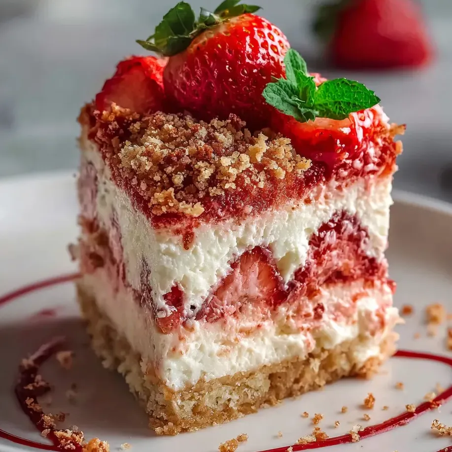 A slice of cake with strawberries on top.