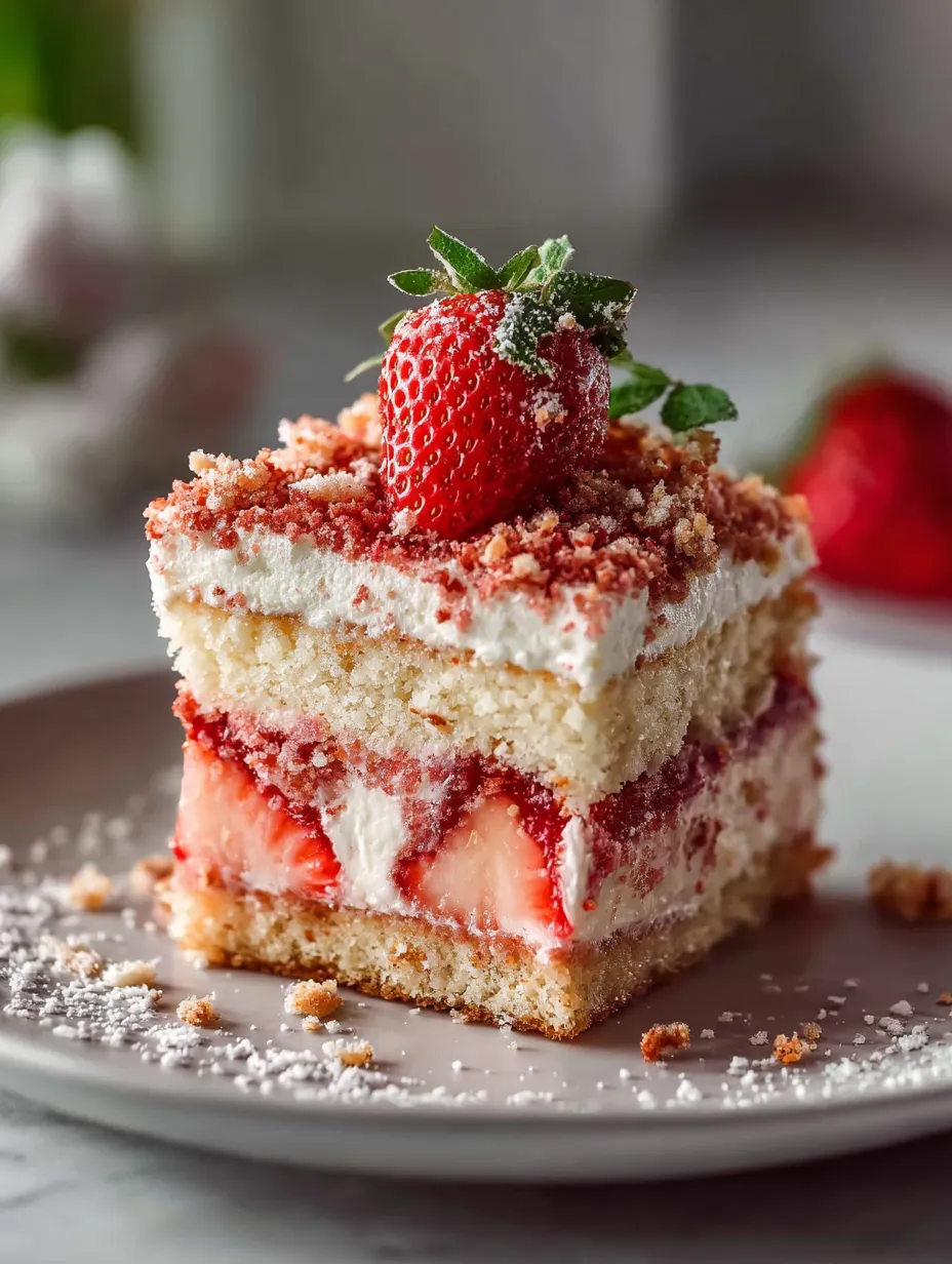 A slice of cake with strawberries on top.