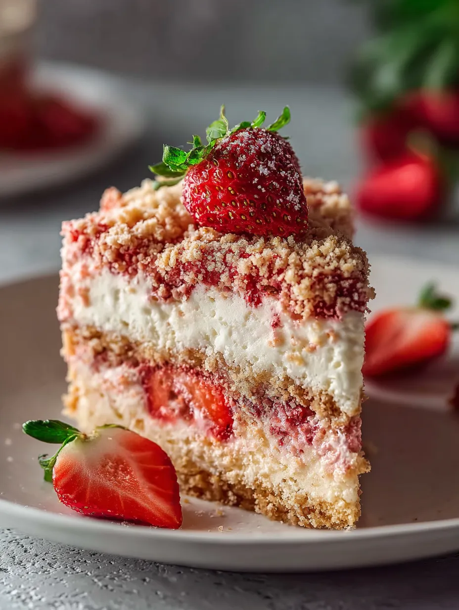 A slice of cake with strawberries on top.
