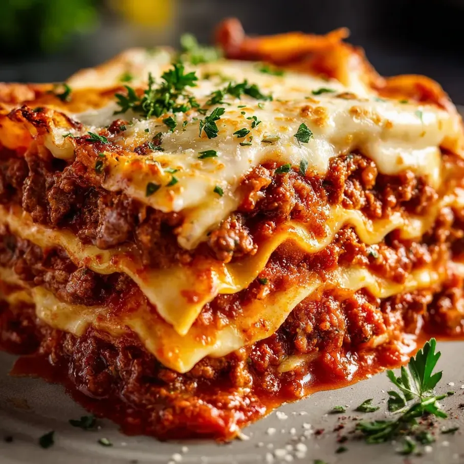 A stack of lasagna with cheese and herbs.