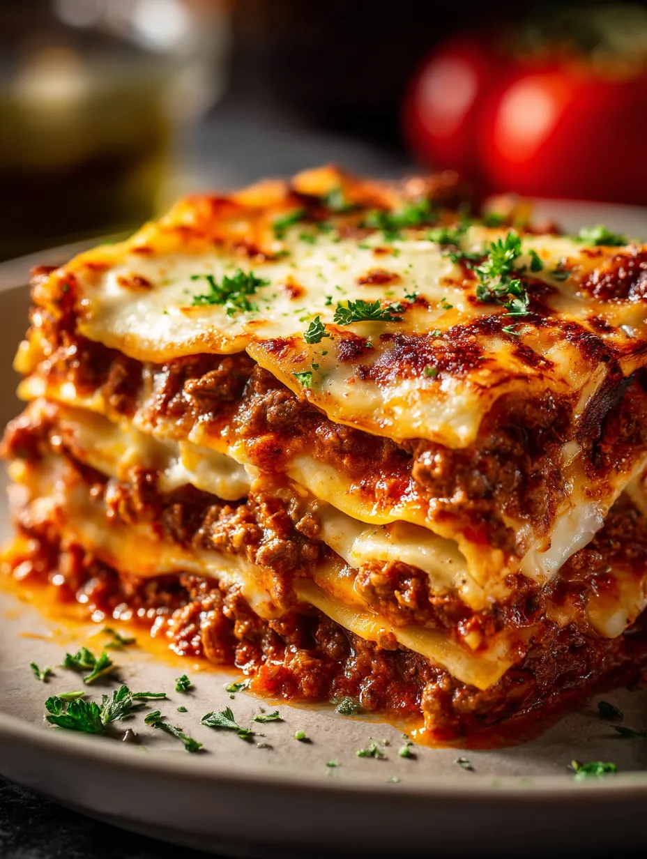 A stack of lasagna with cheese and meat.