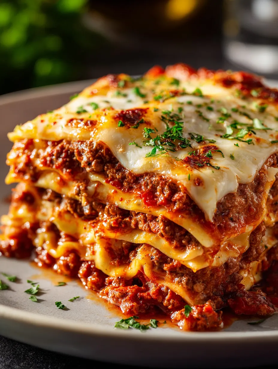 A plate of lasagna with cheese and herbs.