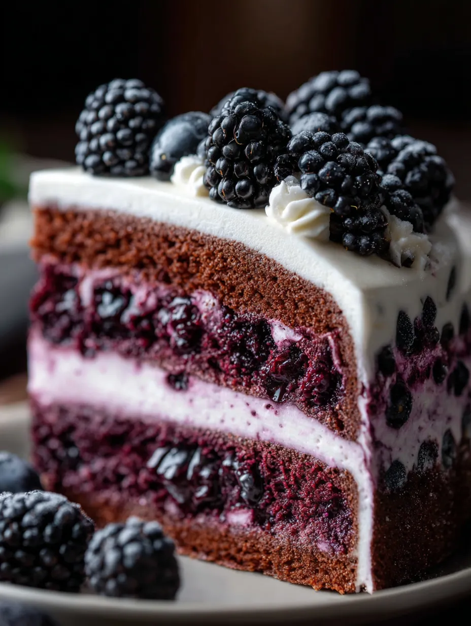 A slice of chocolate cake with blackberries on top.