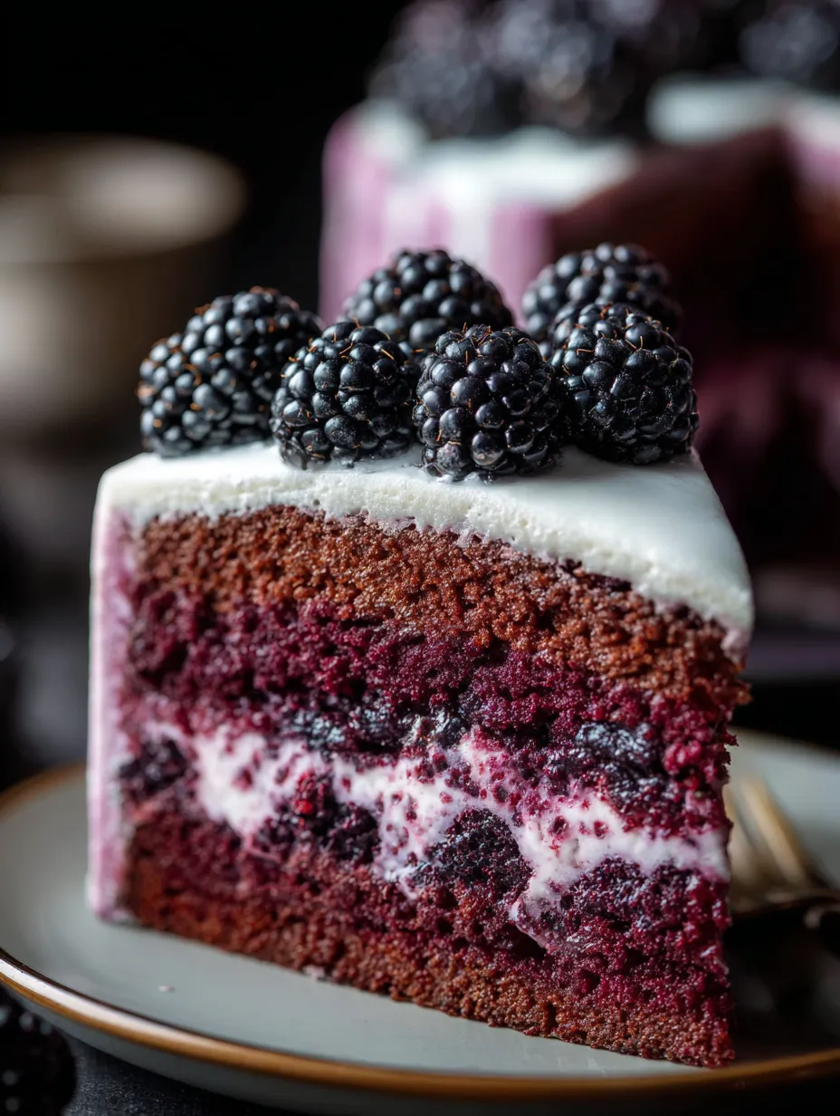 A slice of chocolate cake with blackberries on top.