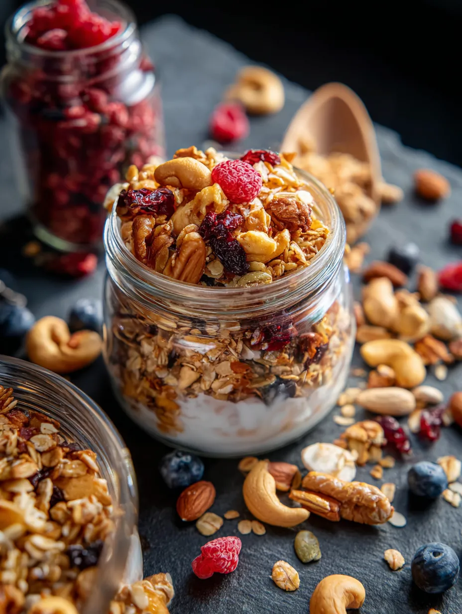A jar of granola with nuts and berries.