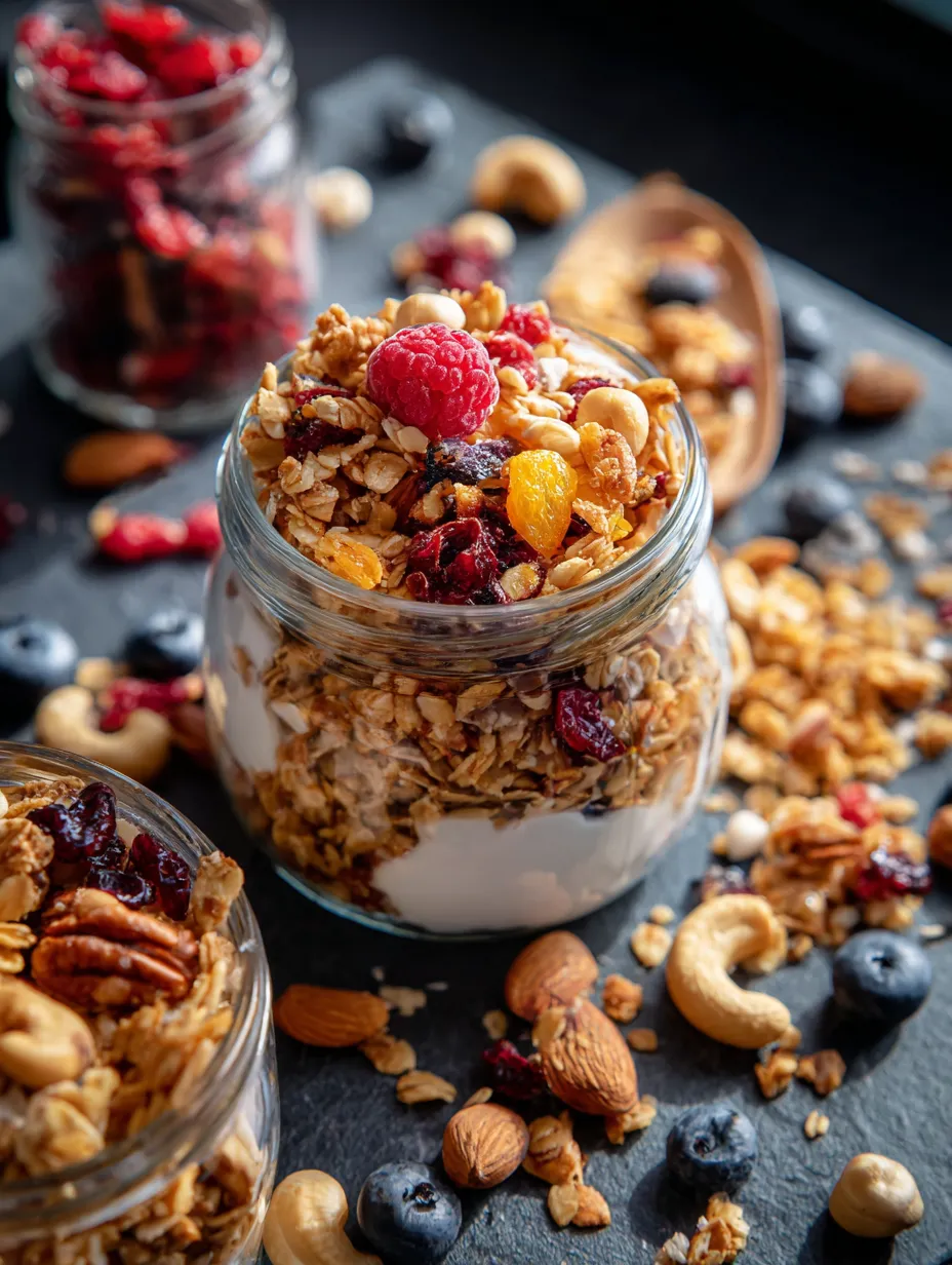 A jar of granola with berries and nuts.