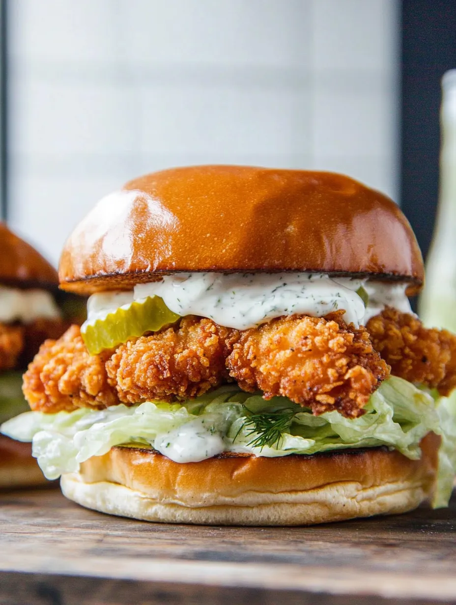 A close up of a burger with lettuce, pickles, and mayonnaise.