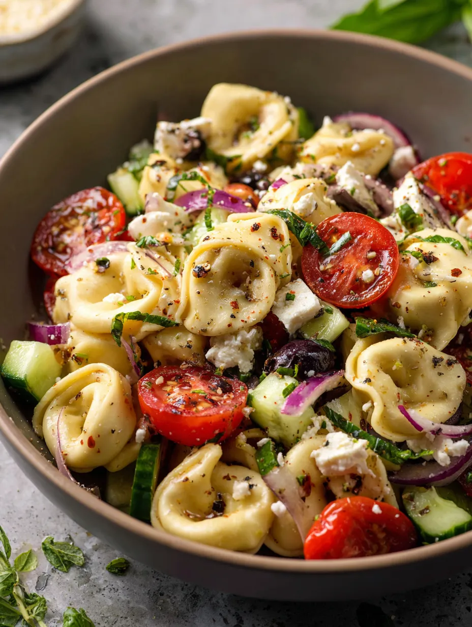 A bowl of pasta salad with tomatoes, cucumbers, and cheese.