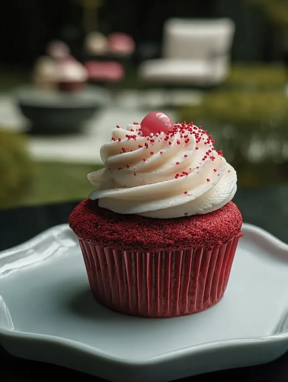 A red cupcake with white frosting and a cherry on top.