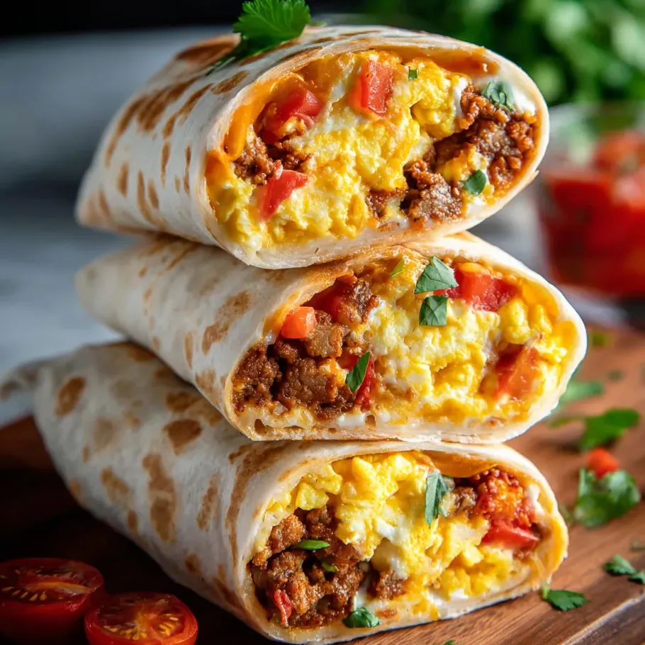 A stack of three burritos with meat and vegetables.