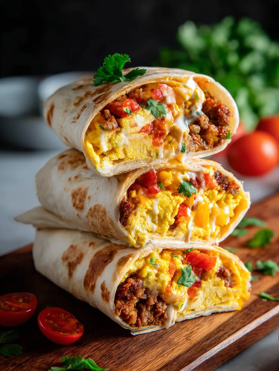A stack of three burritos with eggs and tomatoes.