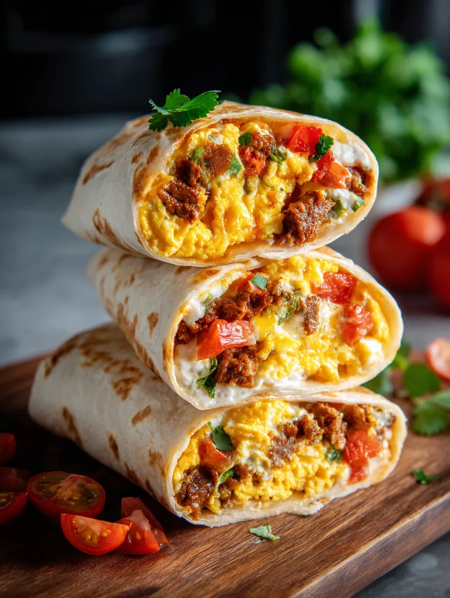 A stack of three burritos with eggs and tomatoes.