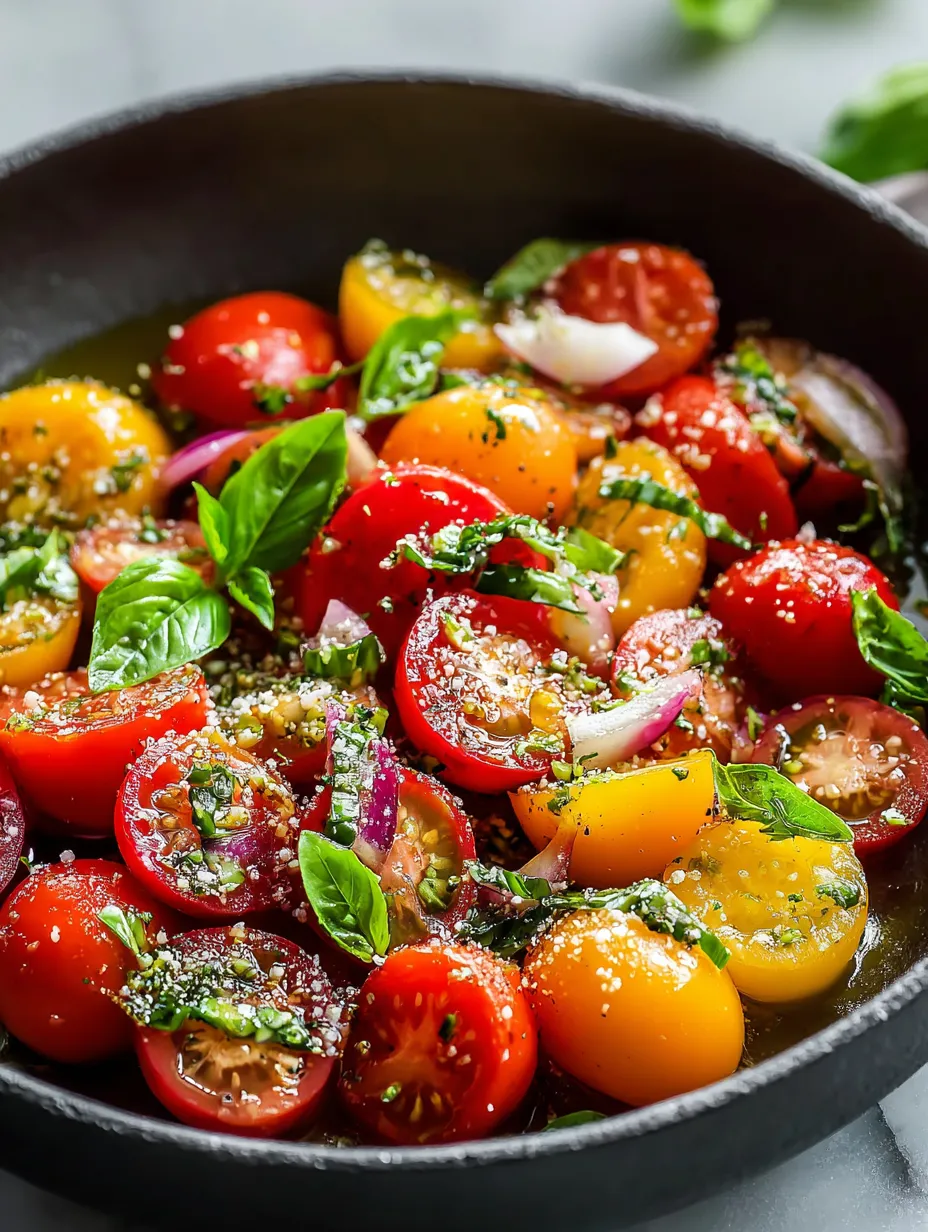 A bowl of food with tomatoes, onions, and basil.
