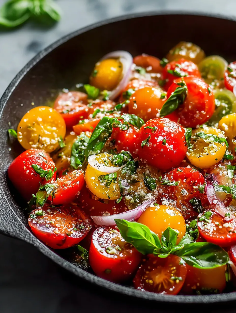 A bowl of food with tomatoes, onions, and basil.