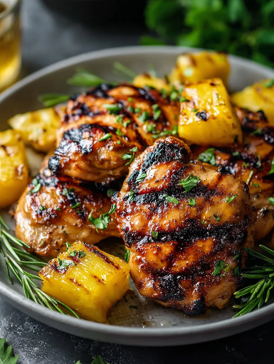 A plate of grilled chicken with pineapple and herbs.