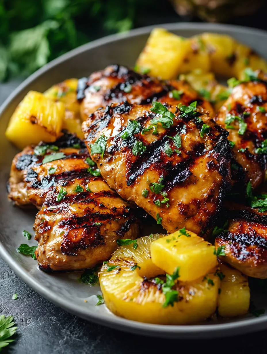 A plate of grilled chicken with pineapple slices.
