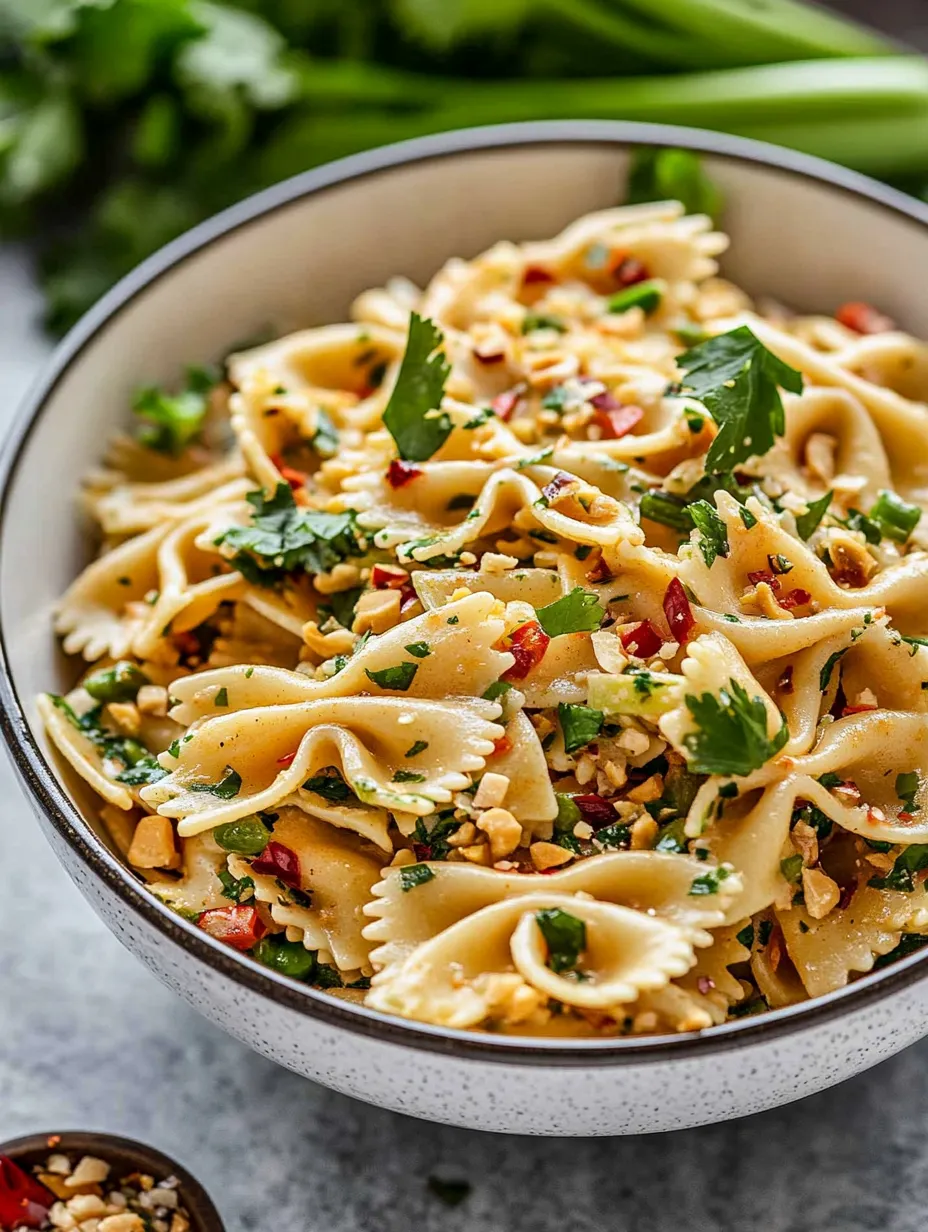 A bowl of pasta with red peppers and herbs.