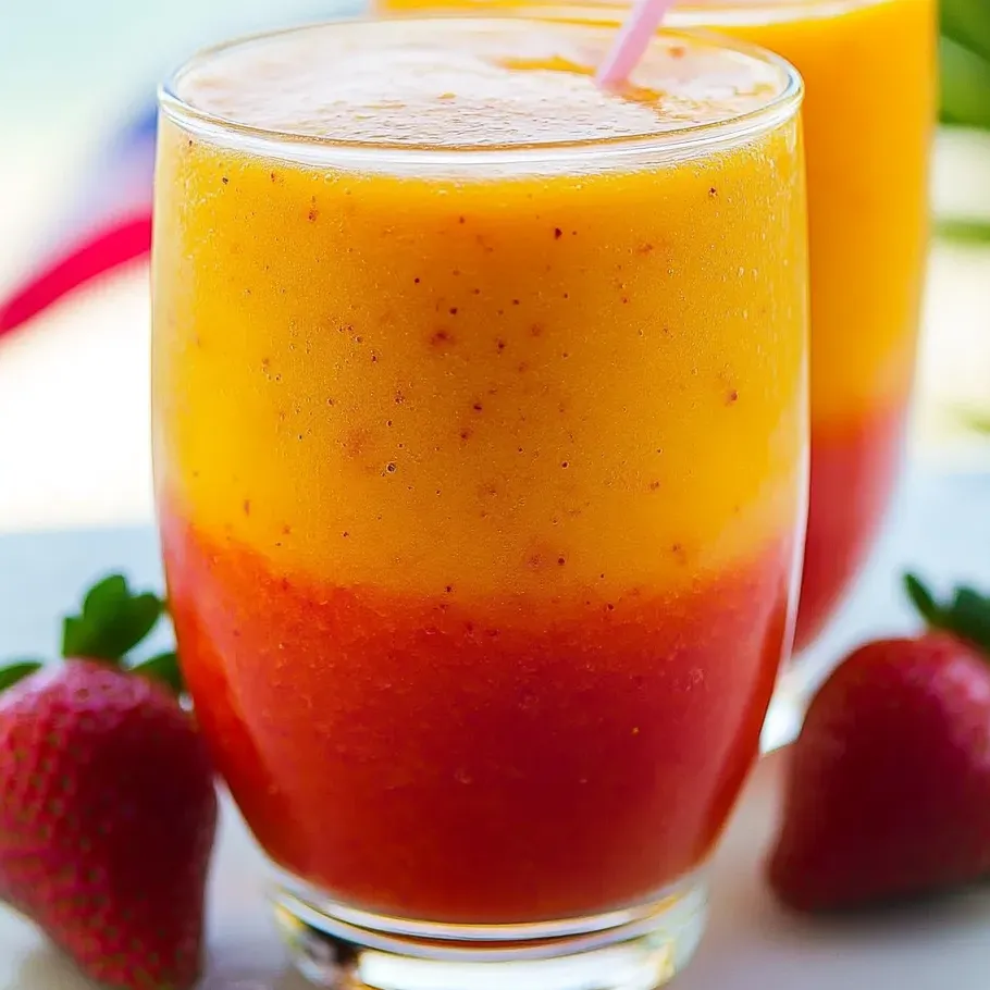A glass of orange juice with strawberries.