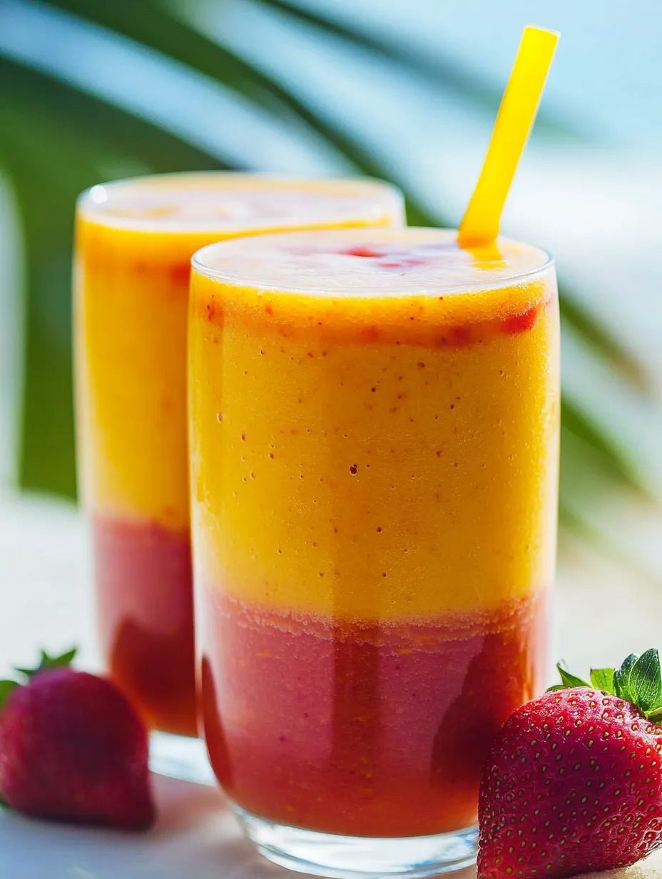 Two glasses of orange juice with strawberries on the side.