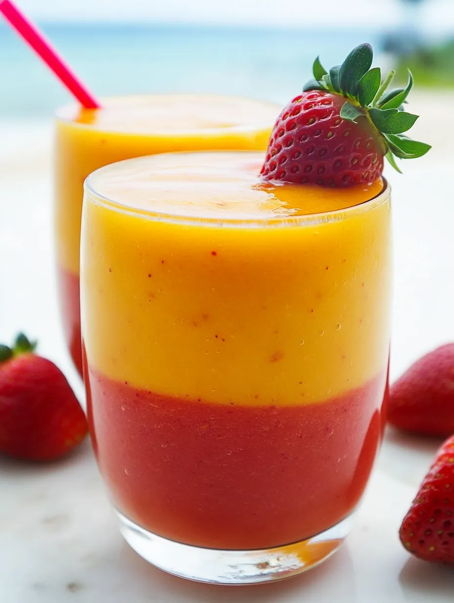 Two glasses of orange juice with strawberries on top.