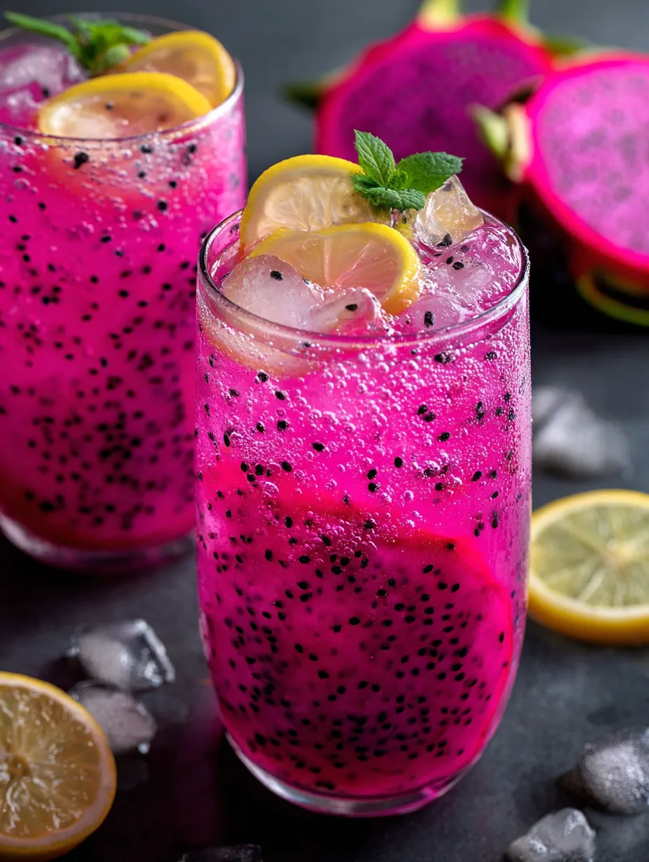 A glass of pink drink with lemon slices on top.