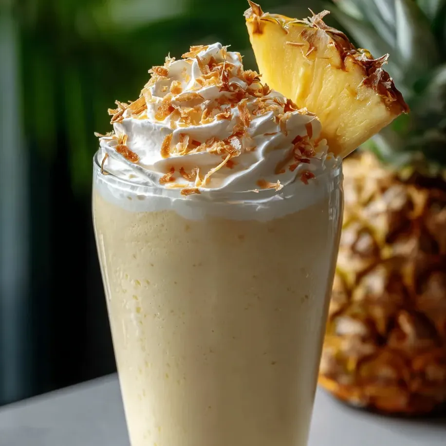 A glass of pineapple whip with a pineapple slice on top.