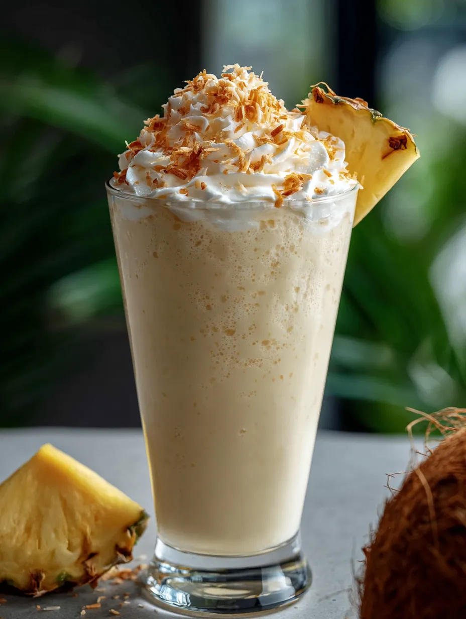 A glass of pineapple whip with a slice of pineapple on the side.
