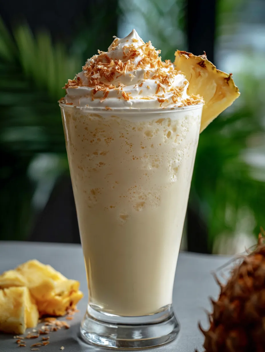 A glass of pineapple whip with a pineapple wedge on the side.