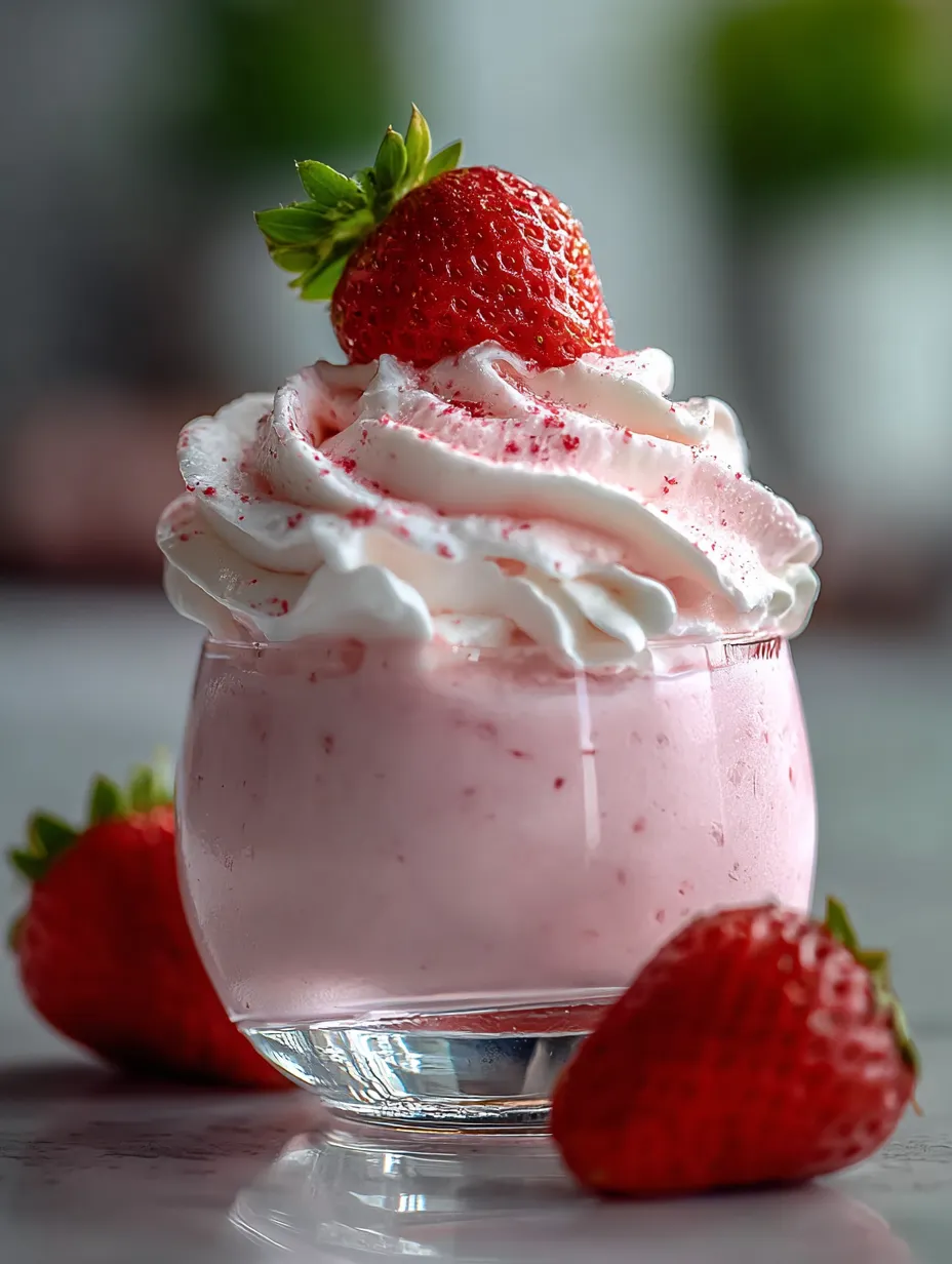A glass of pink whipped cream with strawberries on top.