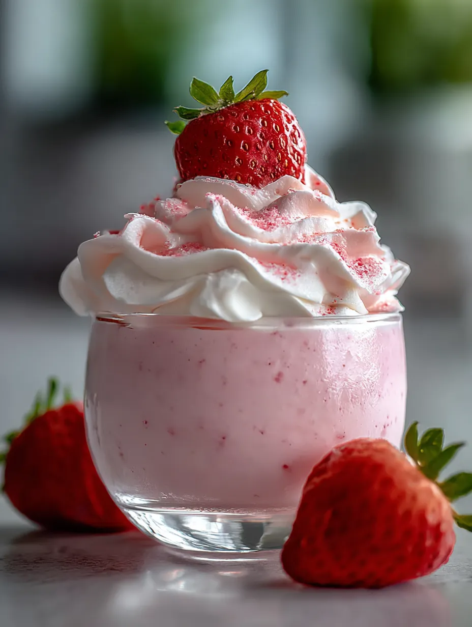 A glass of strawberry whipped cream.