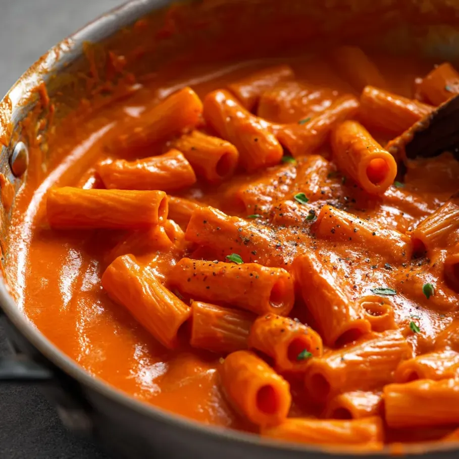 A bowl of pasta with red sauce.