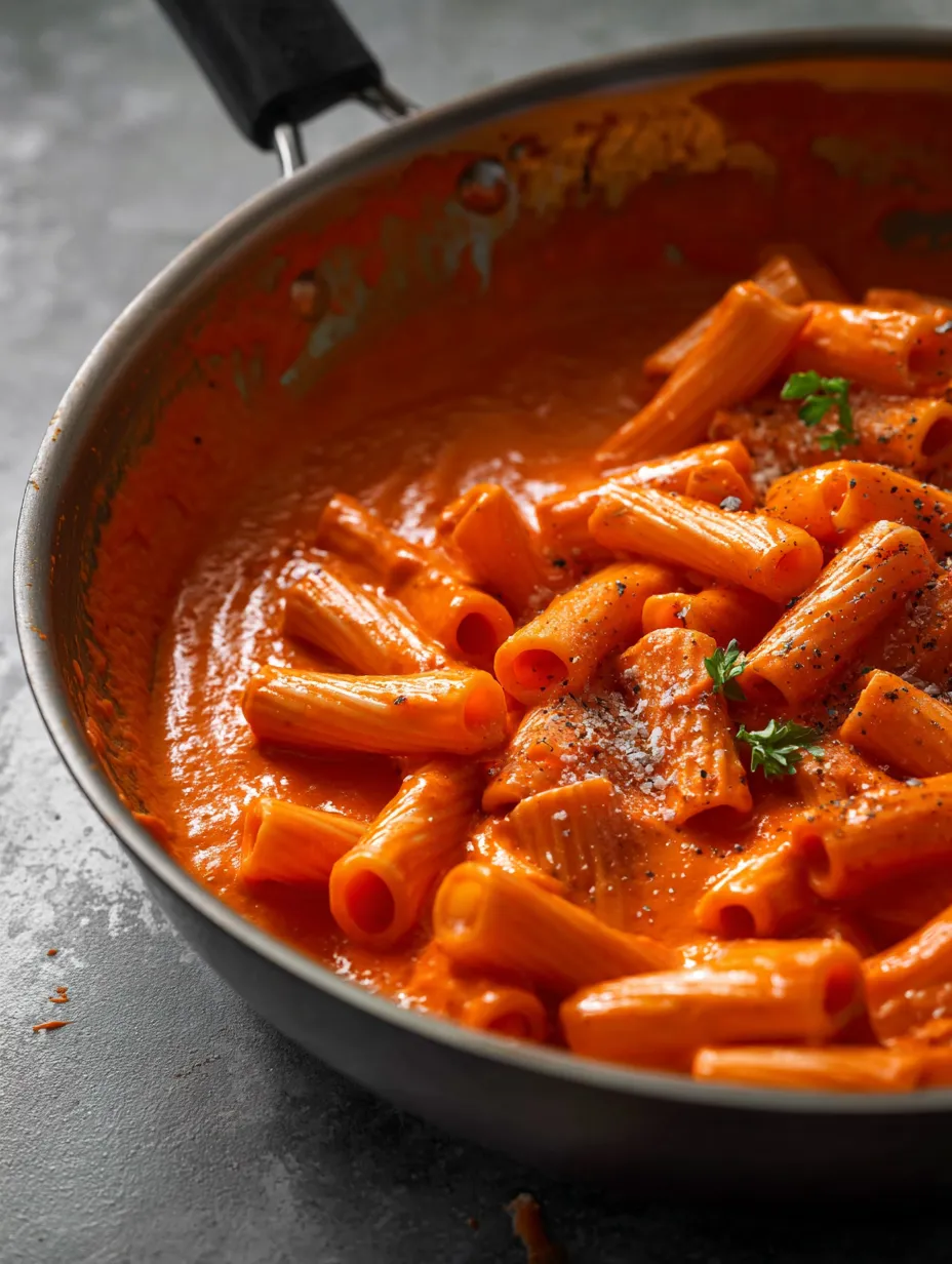 A pan of pasta with red sauce.