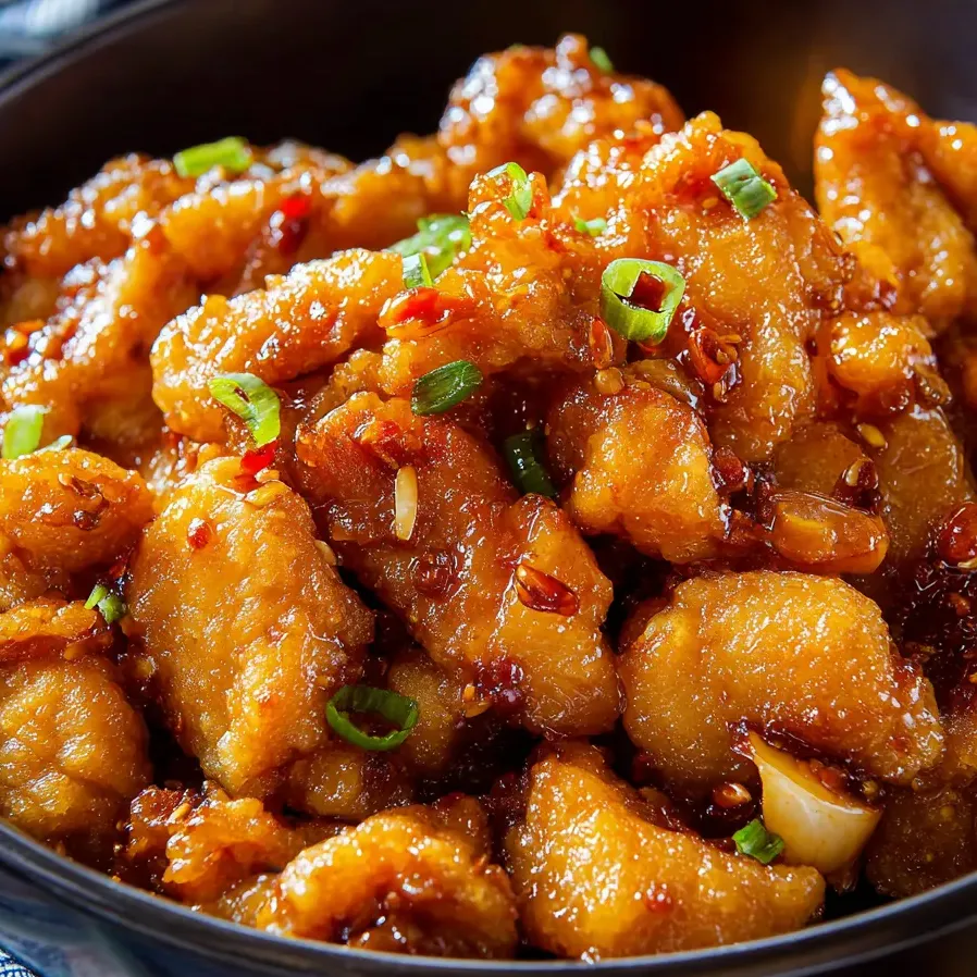 A bowl of chicken with green onions.