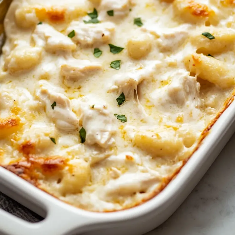 A dish of macaroni and cheese with chicken.