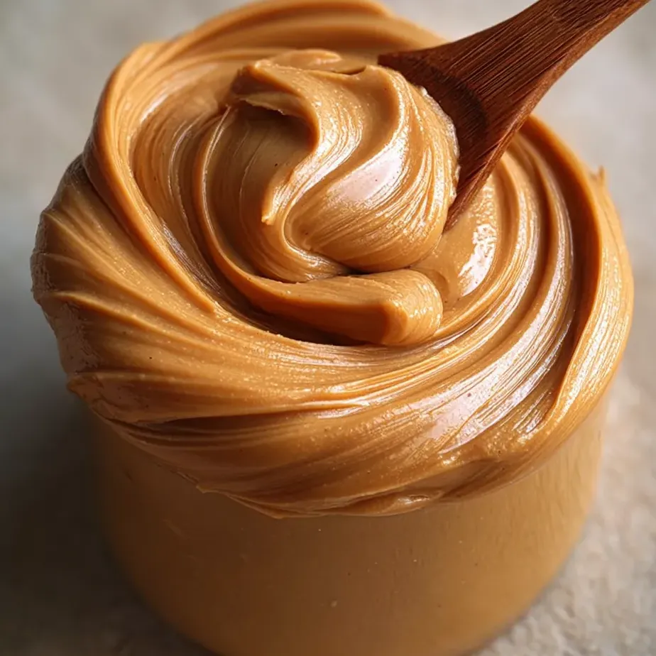 A wooden spoon in a jar of peanut butter.