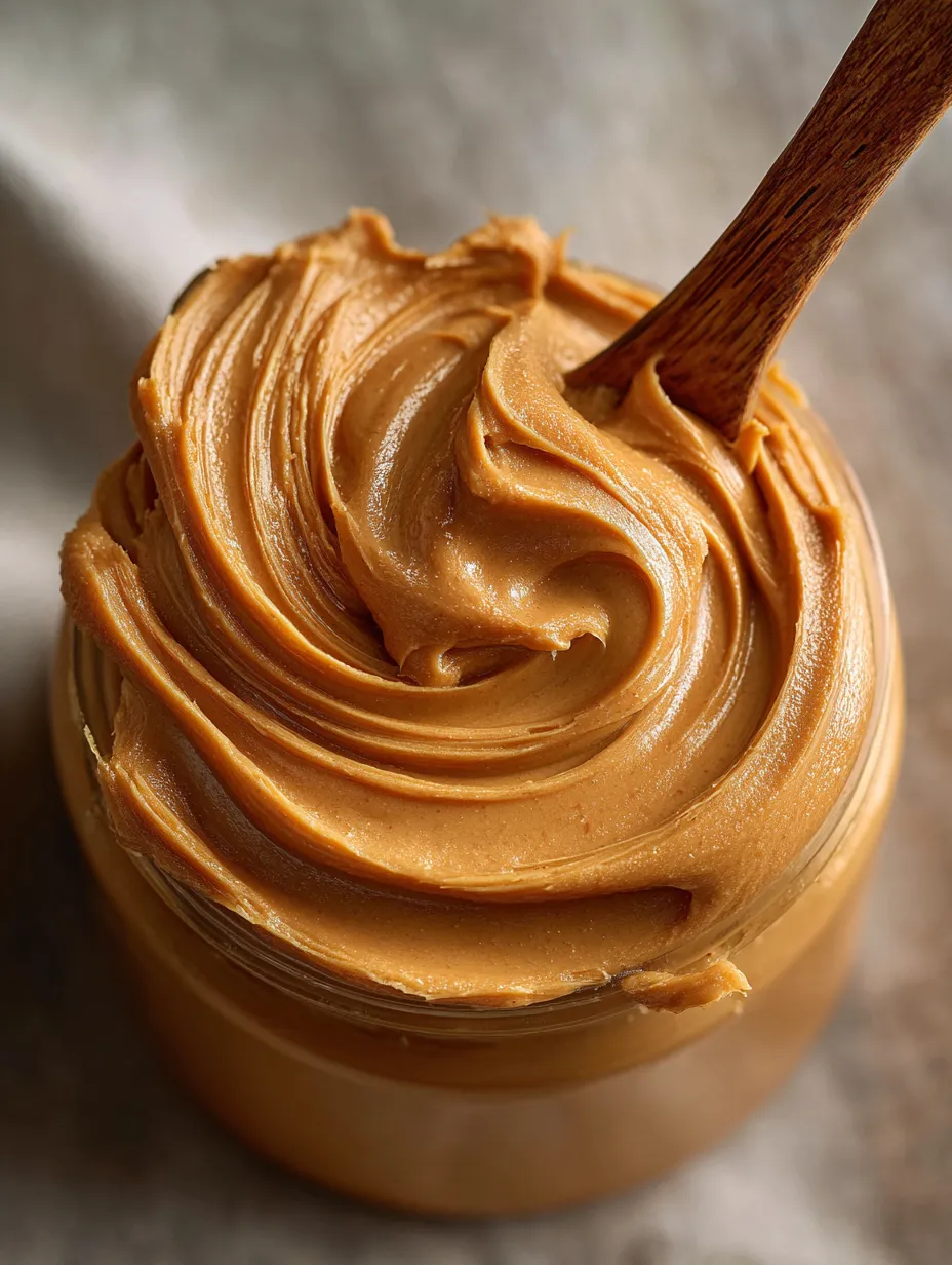 A jar of peanut butter with a wooden spoon in it.