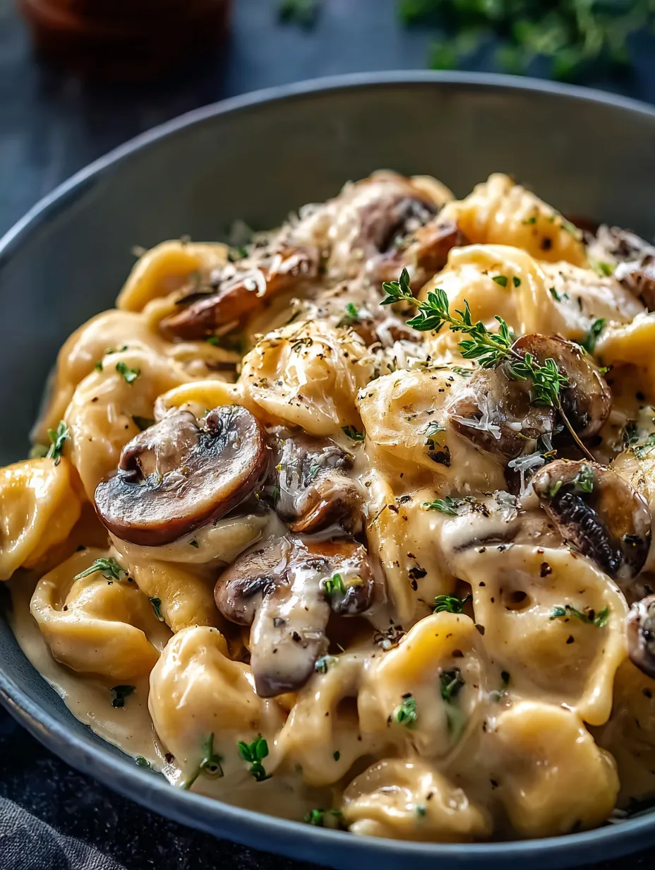 A bowl of pasta with mushrooms and cheese.