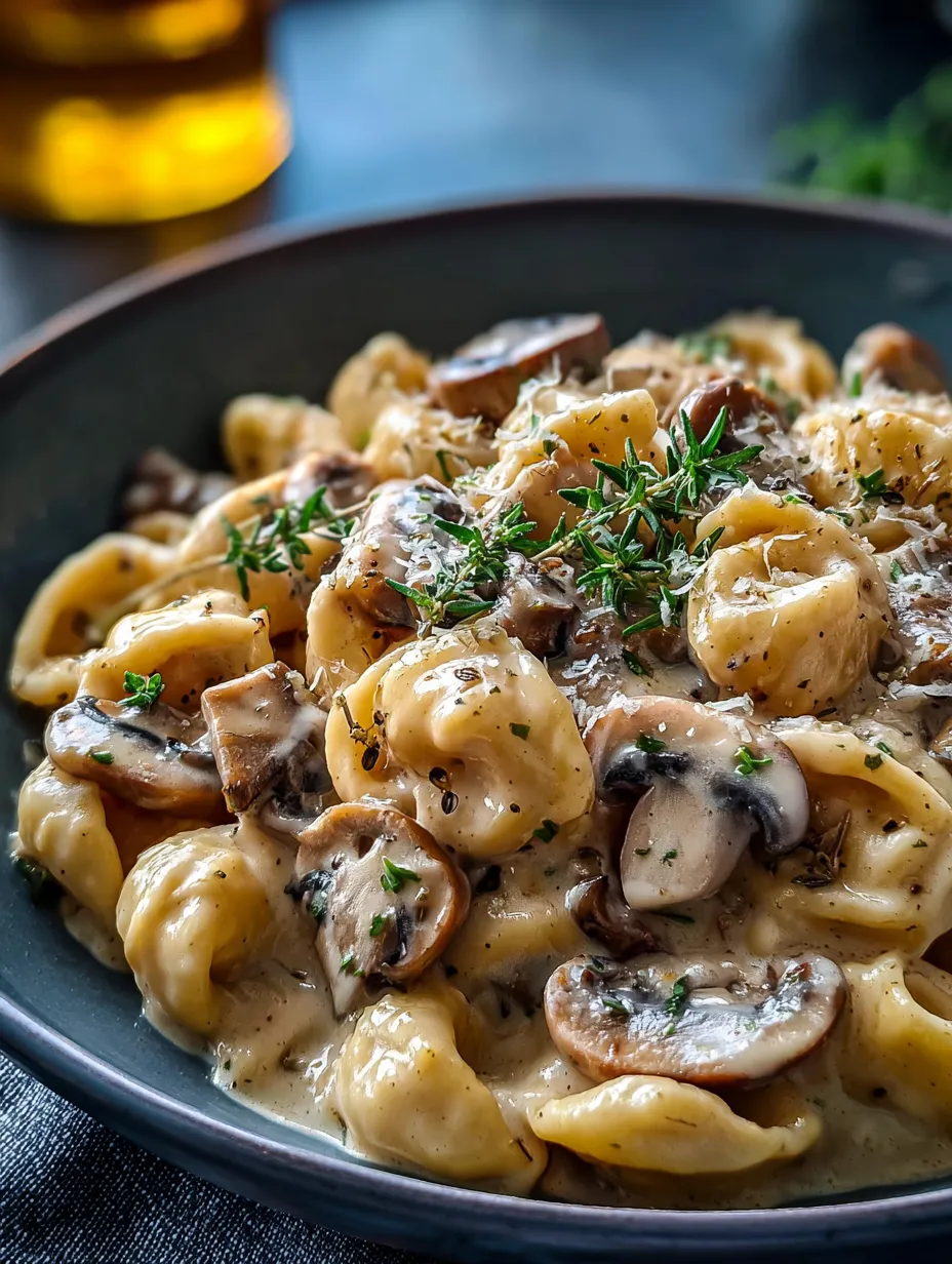 A bowl of pasta with mushrooms and herbs.