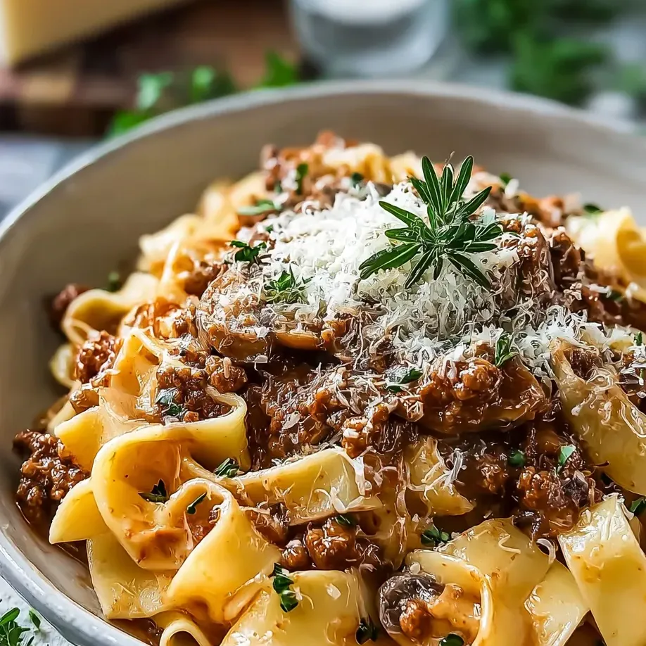 A bowl of pasta with meat sauce and cheese.