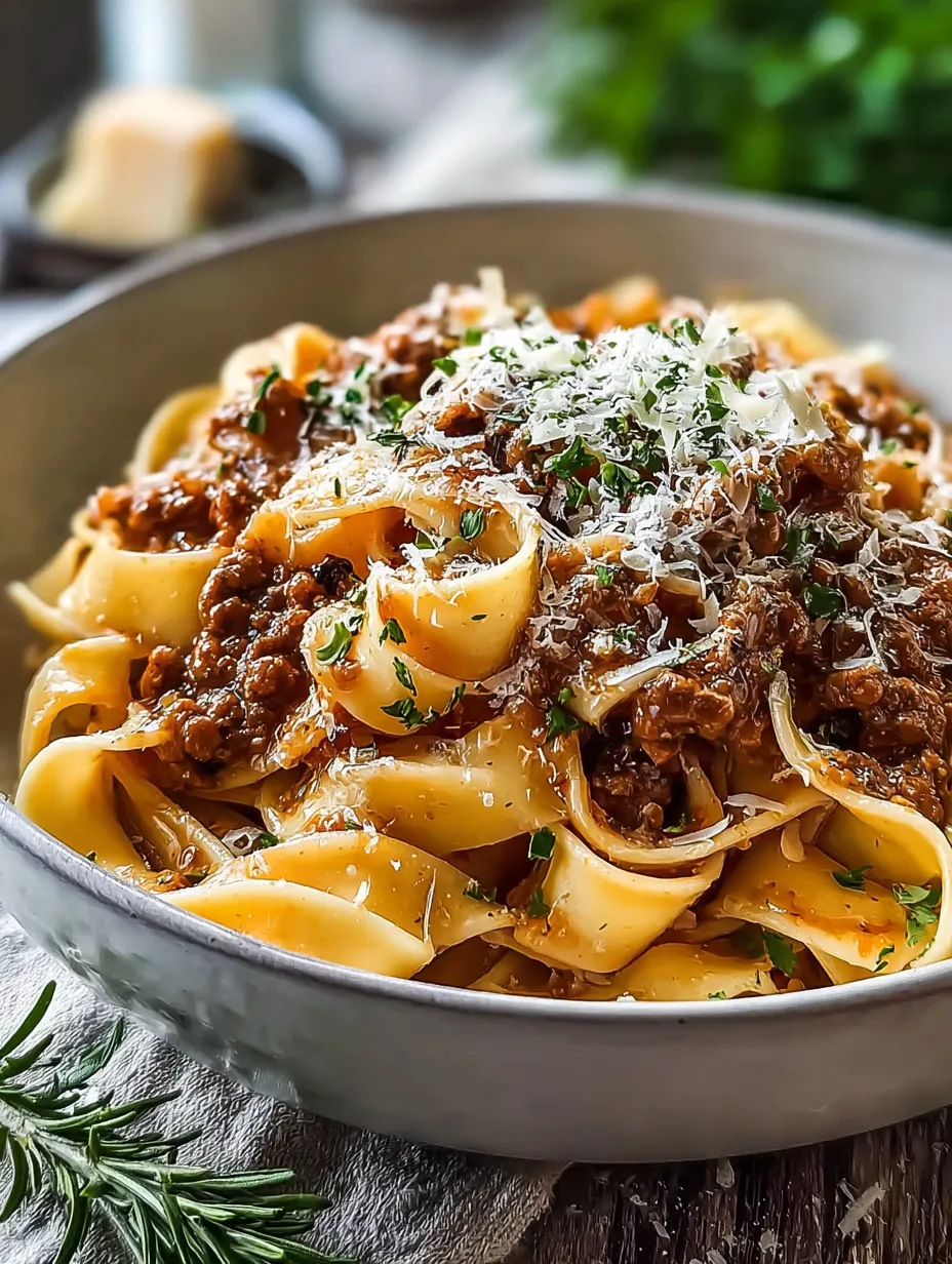 A bowl of pasta with meat sauce and cheese.