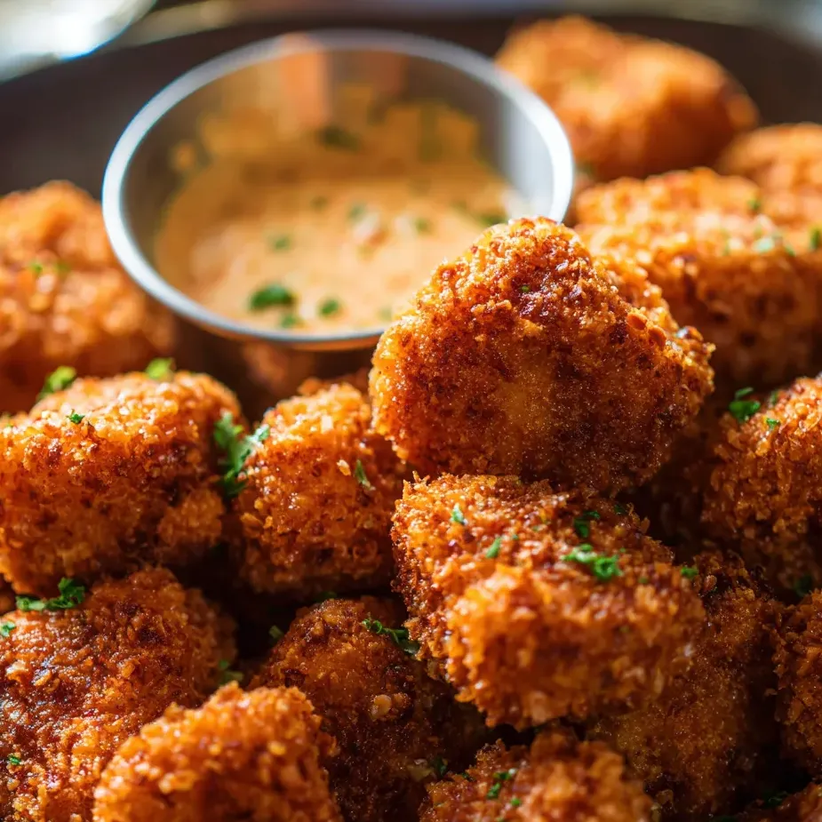 A bowl of fried food with a dipping sauce.