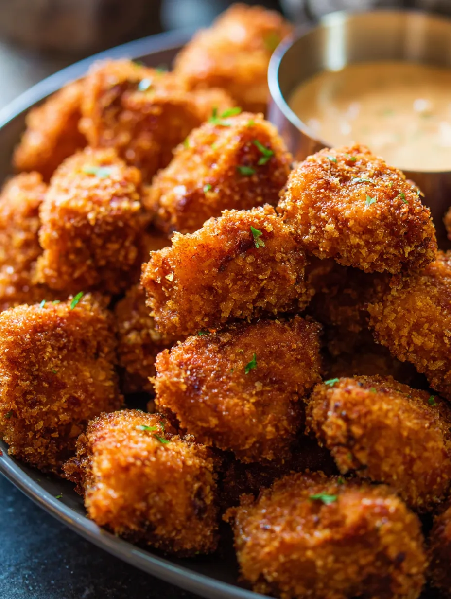 A bowl of fried chicken with a dipping sauce.