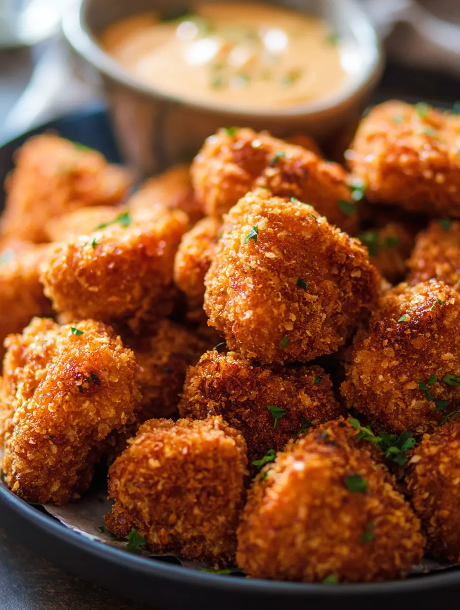 A bowl of fried food with a dipping sauce.