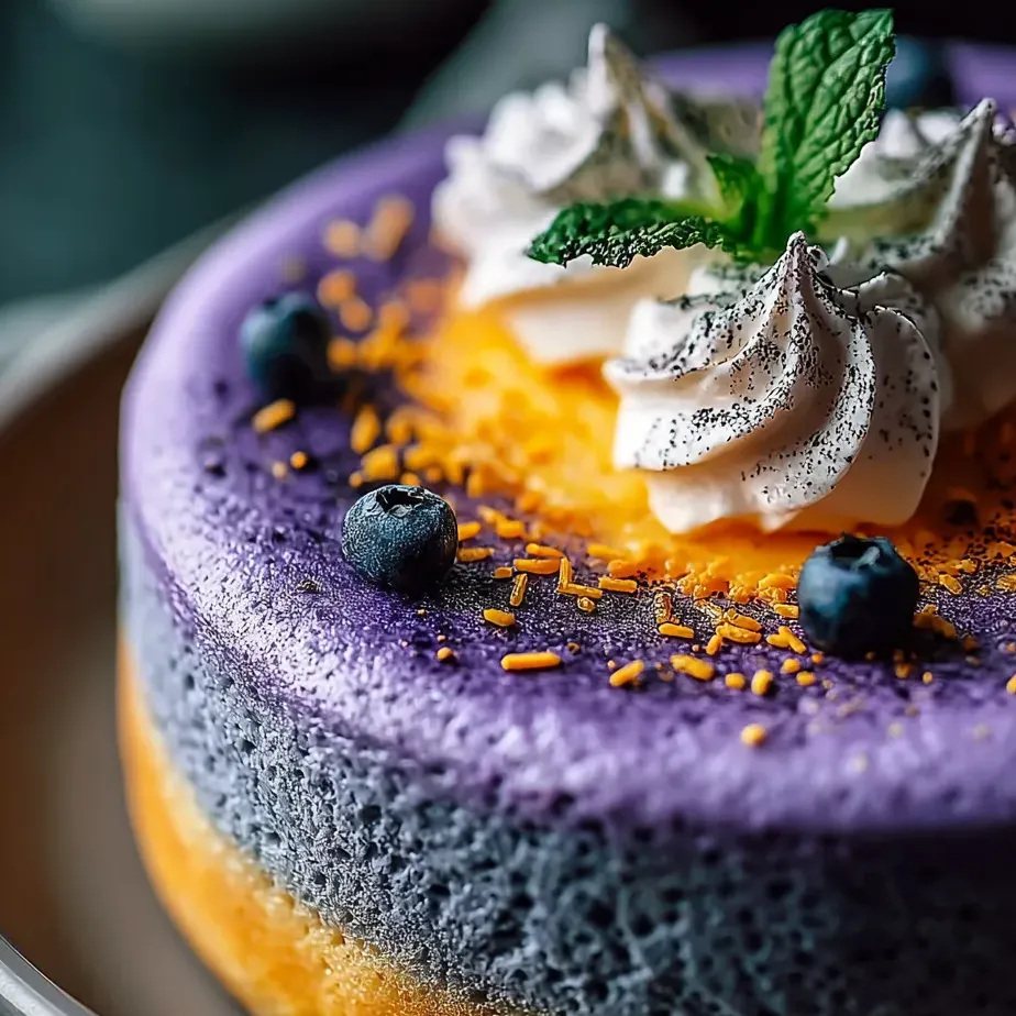 A slice of cake with blueberries and whipped cream.
