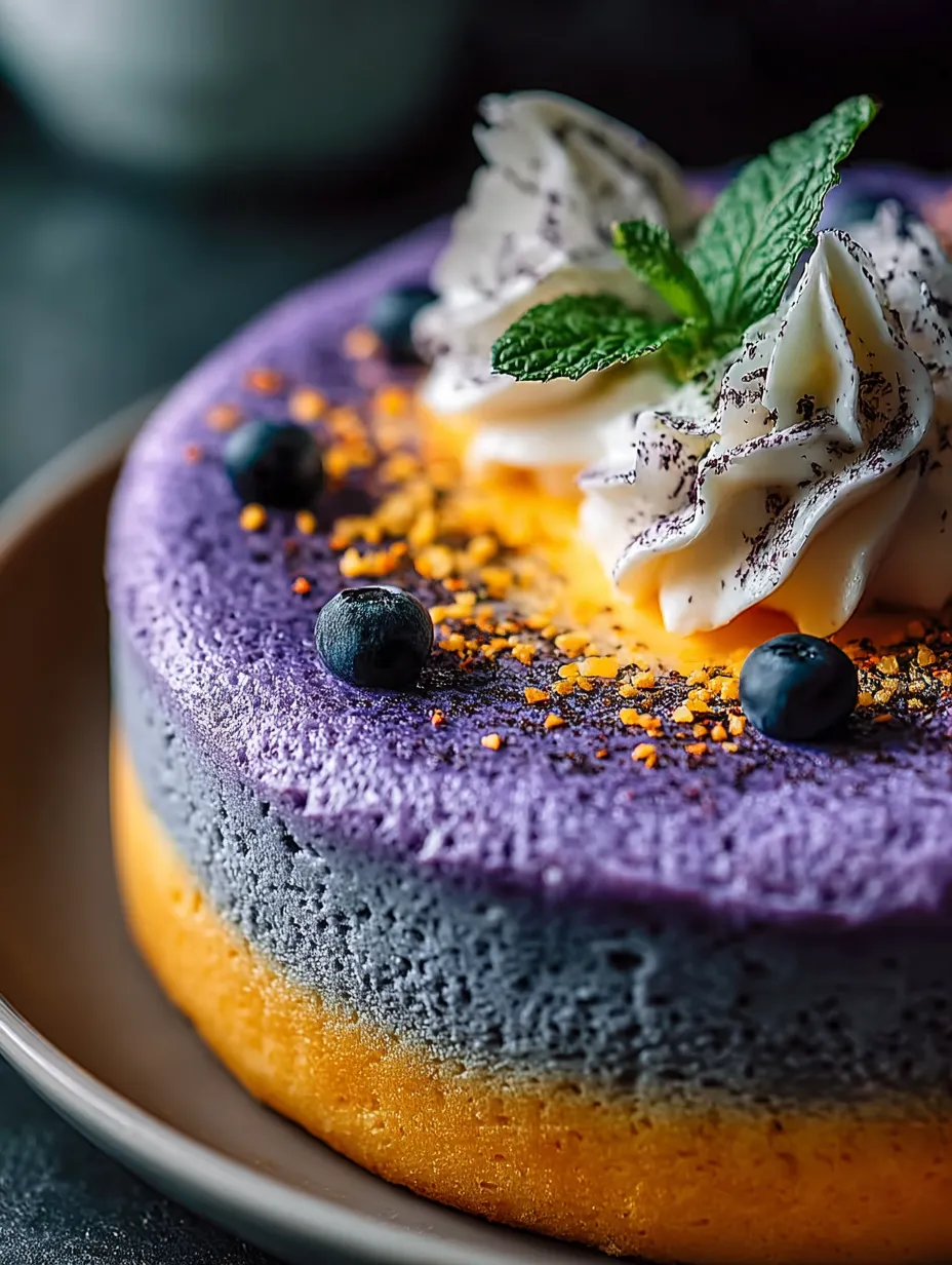 A slice of cake with blueberries and whipped cream.