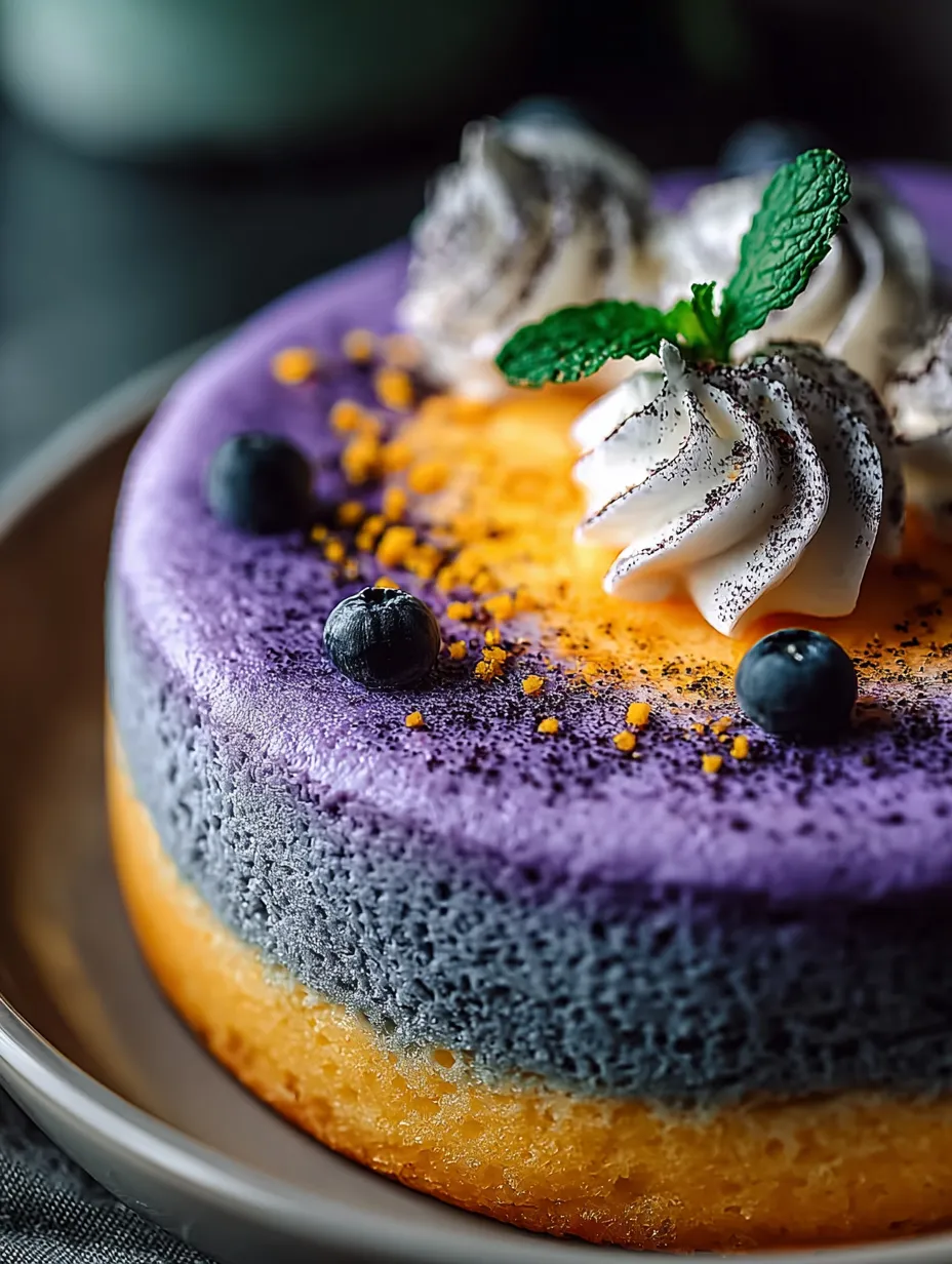 A slice of cake with blueberries and whipped cream.