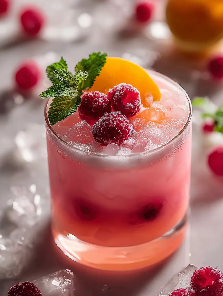 A glass of pink drink with a slice of orange and a raspberry on top.